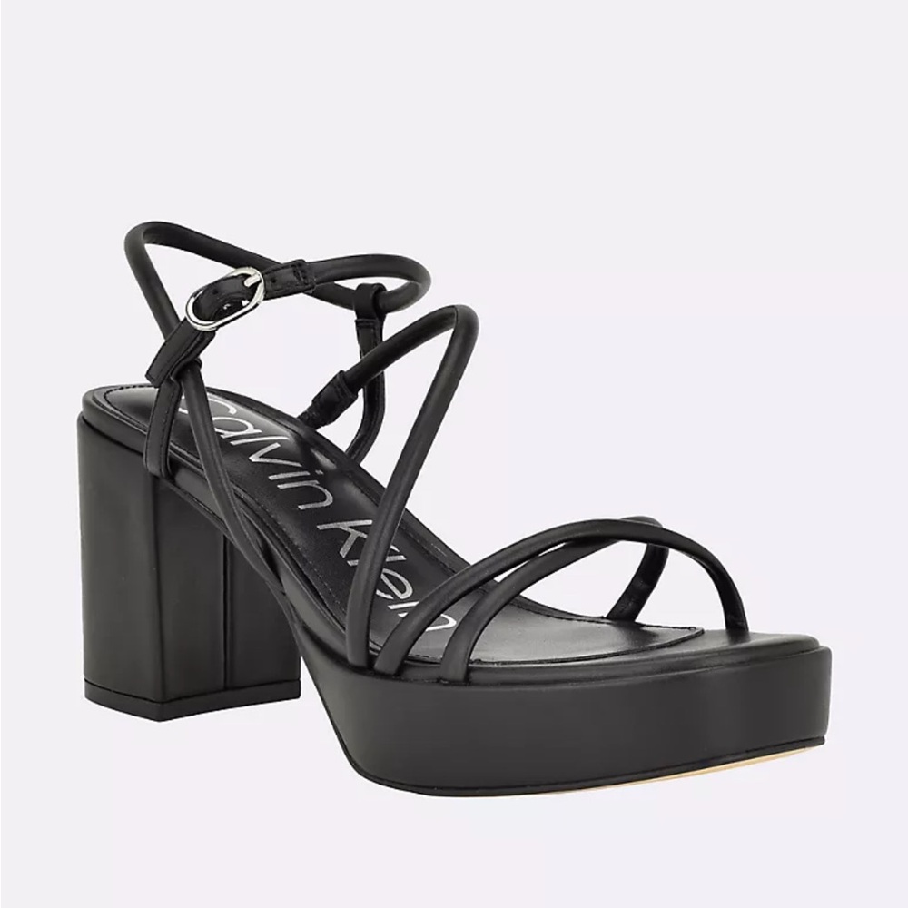 Calvin Klein Black Strappy Platform Block Heel Sandals with Ankle Buckle